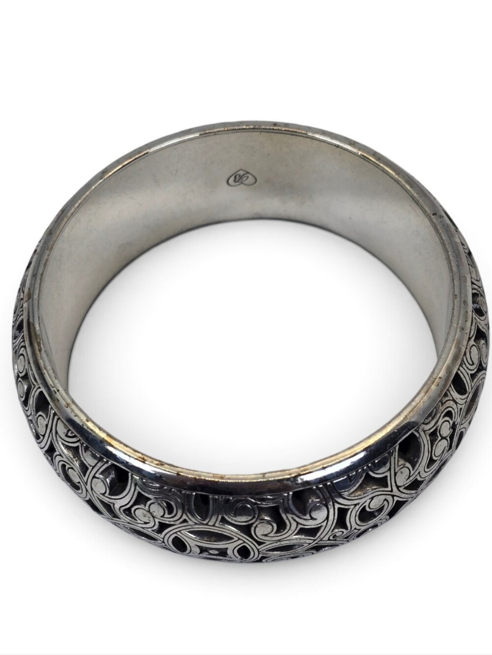 Brighton Wide Silver Tone Openwork Filigree Bangle Bracelet Signed - Picture 11 of 15